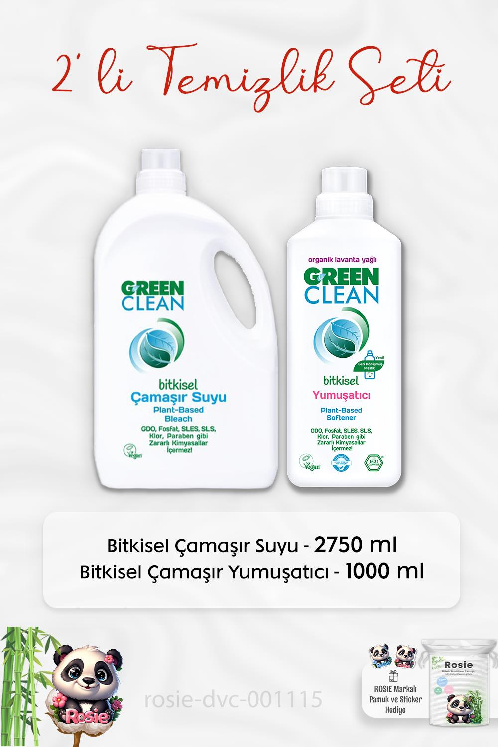 Green Clean Çamaşır Suyu 2750 ml, Çamaşır Yumuşatıcısı 1 lt ve ROSIE