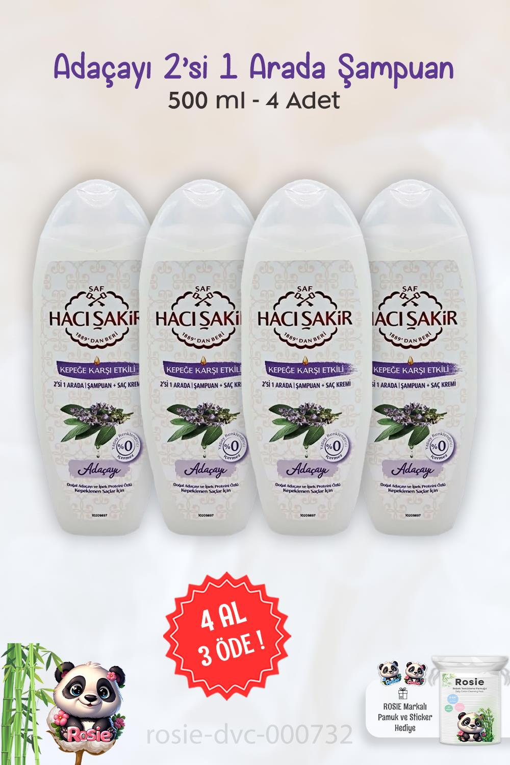 4 AL 3 ÖDE Hacı Şakir Adaçayı 2si 1 Arada Şampuan Kepeğe Karşı 500 ml ve ROSIE