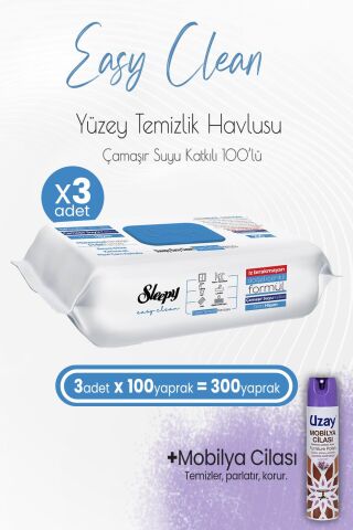 Sleepy Easy Clean Yüzey Temizlik Havlusu Çamaşır Suyu Katkılı 100' lü x 3 Adet ve Mobilya Cilası Lavanta