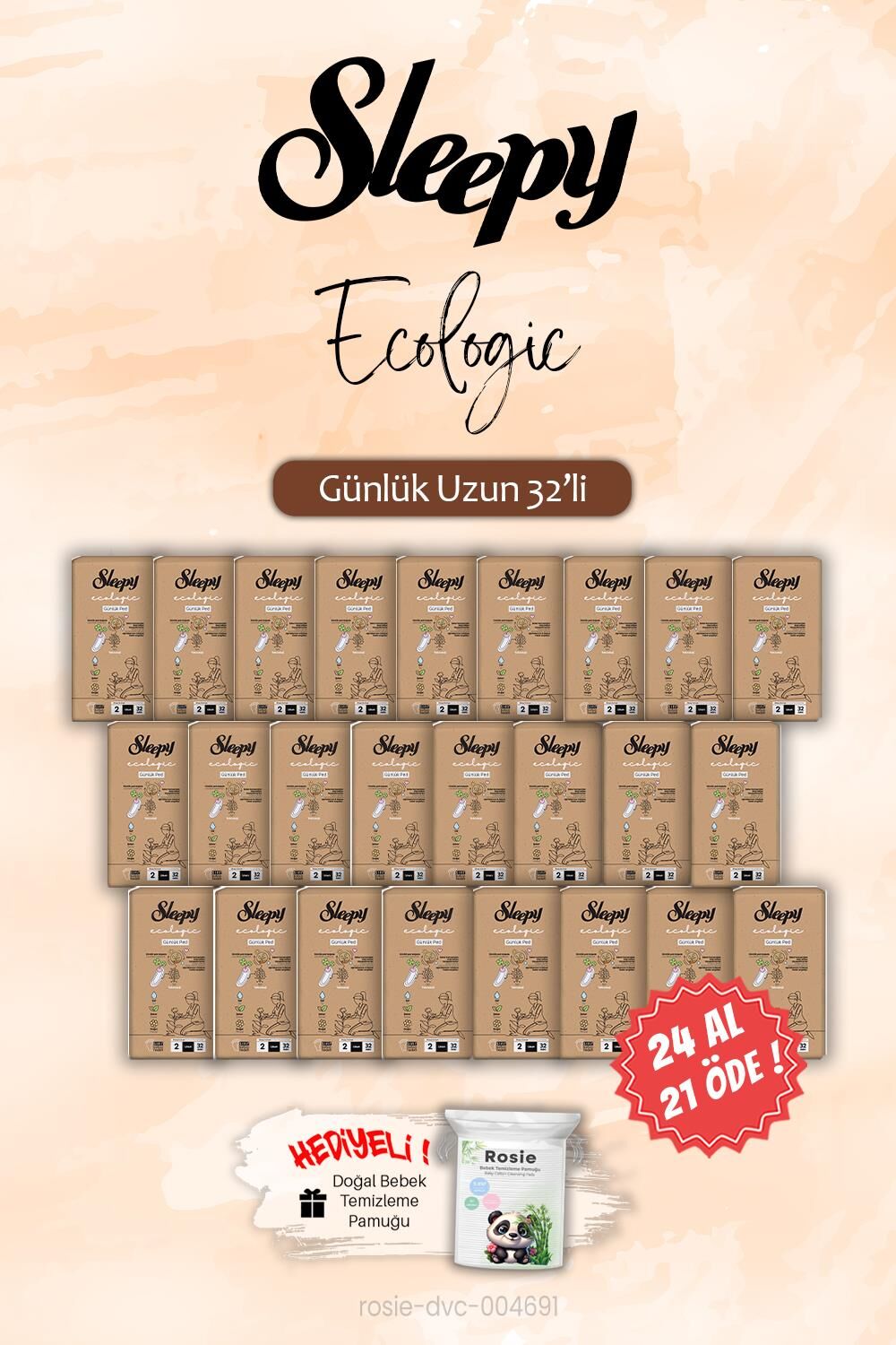 Sleepy 24 AL 21 ÖDE Ecologic Uzun 32 'li Günlük Ped, ROSIE Hediye