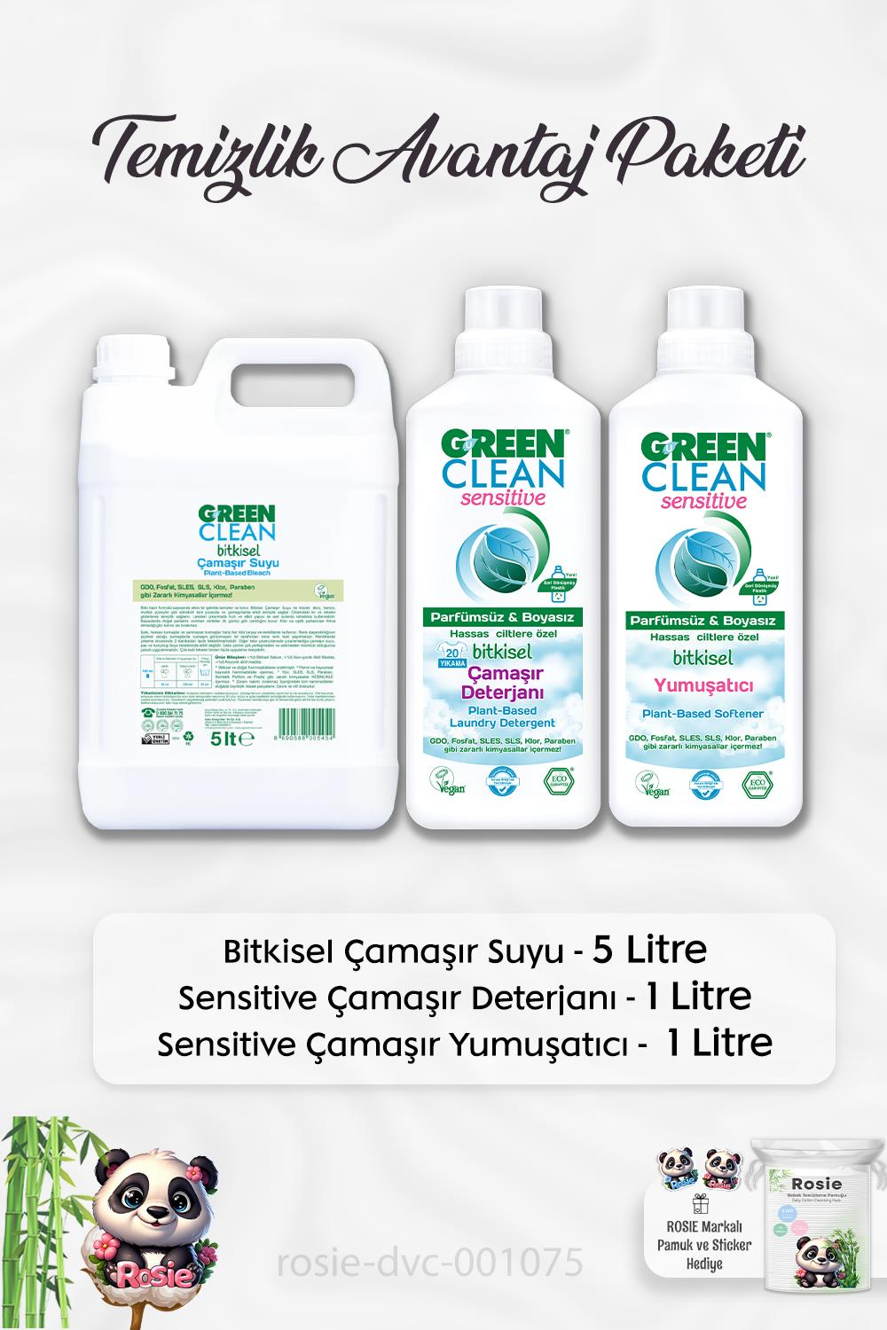 Green Clean Bitkisel Çamaşır Suyu 5 lt, Çamaşır Deterjanı 1 lt, Yumuşatıcı 1 lt ve ROSIE