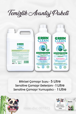 Green Clean Bitkisel Çamaşır Suyu 5 lt, Çamaşır Deterjanı 1 lt, Yumuşatıcı 1 lt ve ROSIE