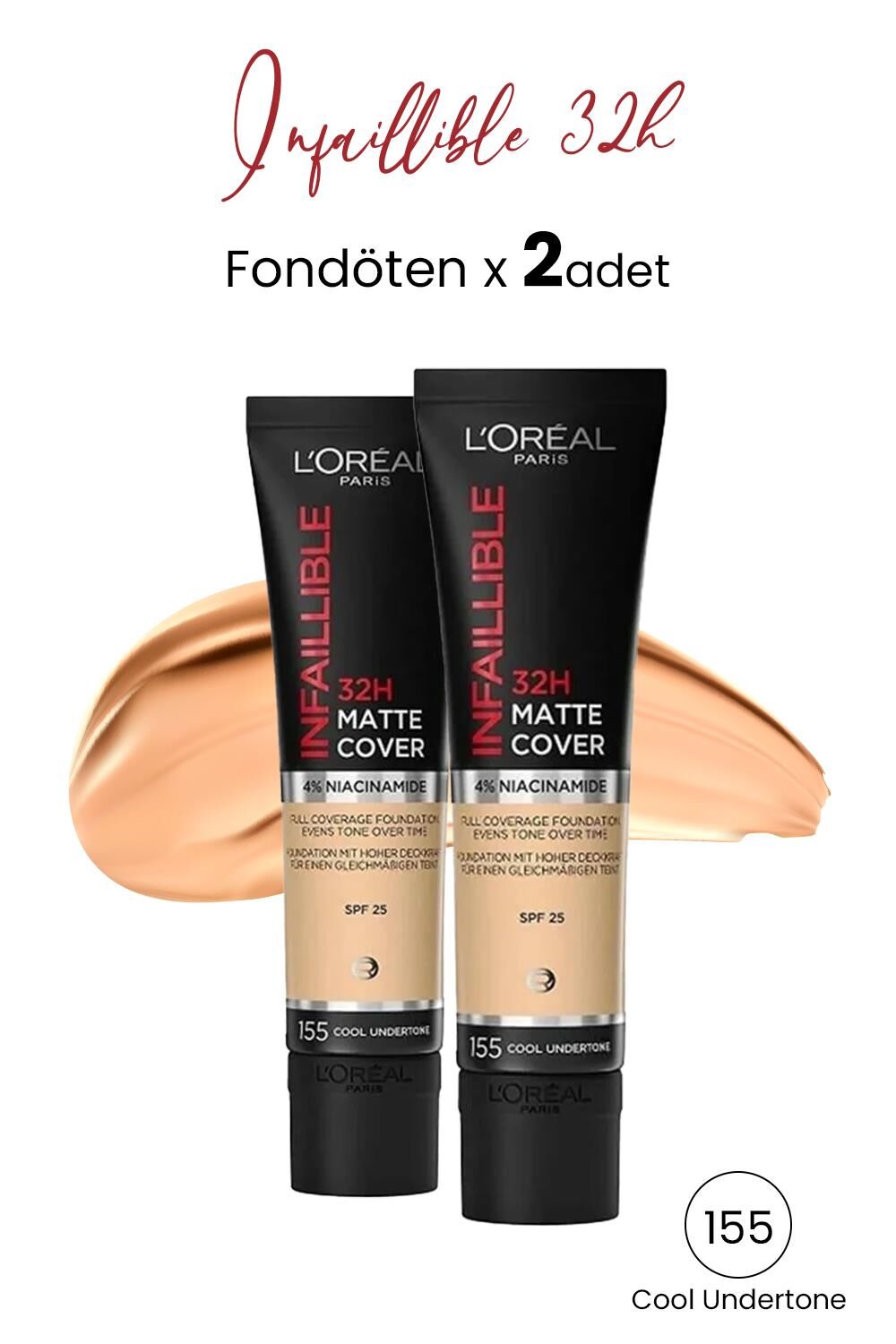 Loreal Paris Infaillible 32H Matte Cover Yüksek Kapatıcı Fondöten - 155 Soğuk Alt Ton 30 ml x 2 Adet