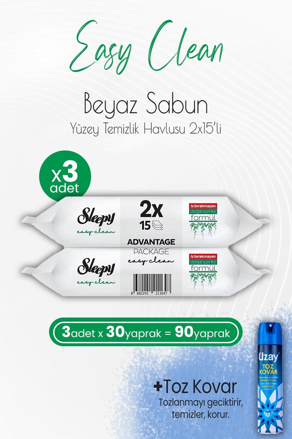 Sleepy Easy Clean Yüzey Temizlik Havlusu 2x15 Yaprak (30 Yaprak) x 3 Adet ve Toz Kovar