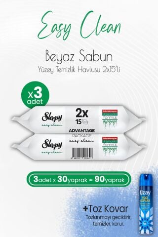 Sleepy Easy Clean Yüzey Temizlik Havlusu 2x15 Yaprak (30 Yaprak) x 3 Adet ve Toz Kovar