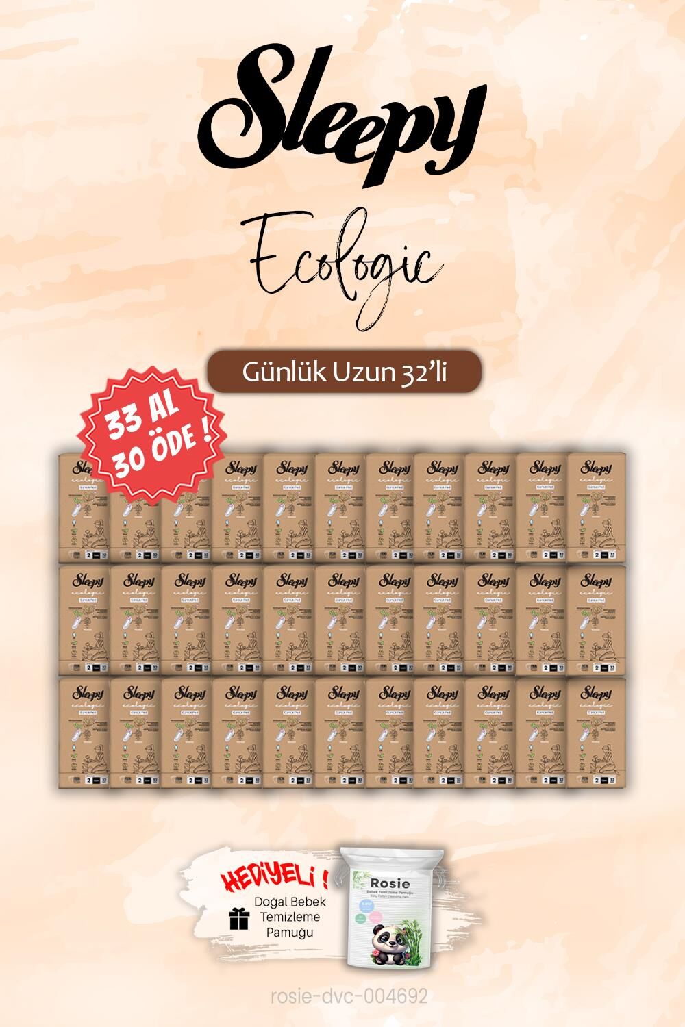 Sleepy 33 AL 30 ÖDE Ecologic Uzun 32 'li Günlük Ped, ROSIE Hediye
