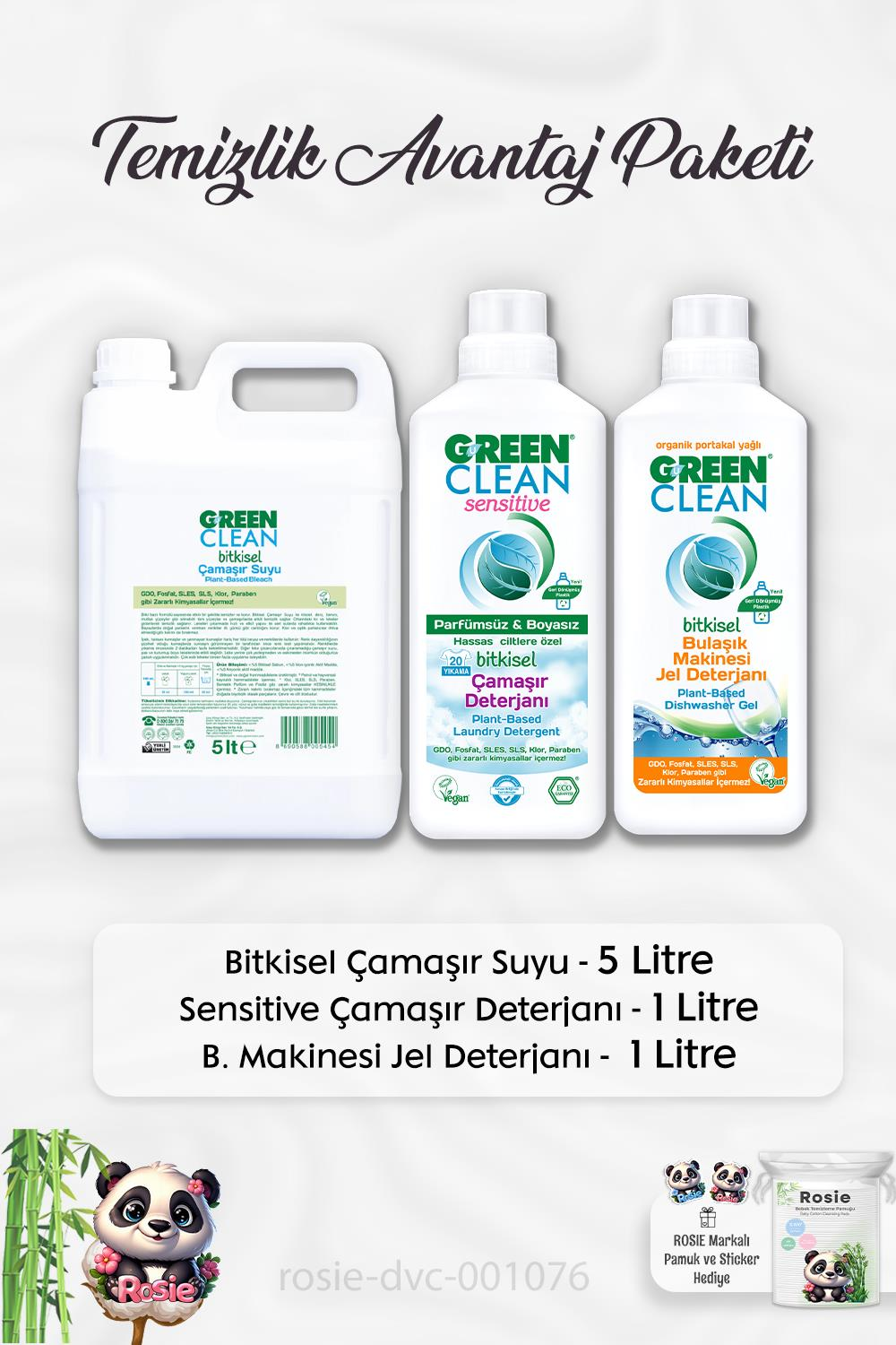 Green Clean Bitkisel Çamaşır Suyu 5 lt, Sensitive Çamaşır Deterjanı 1 lt, Bulaşık Deterjanı 1 lt  ve ROSIE