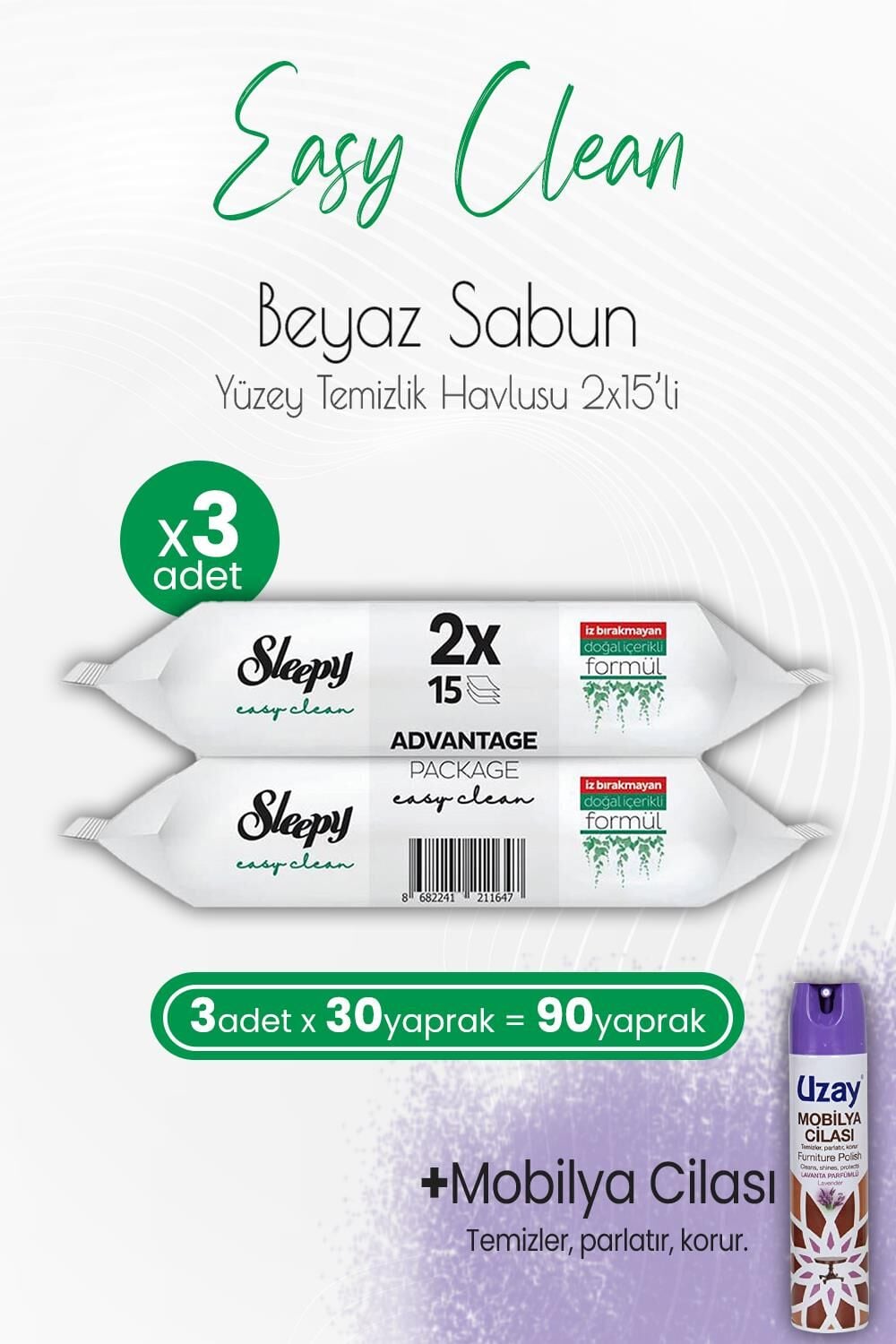 Sleepy Easy Clean Yüzey Temizlik Havlusu 2x15 Yaprak (30 Yaprak) x 3 Adet ve Mobilya Cilası Lavanta
