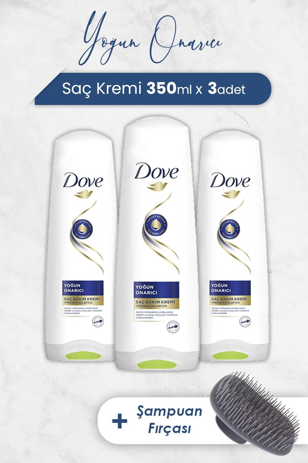 Dove Yoğun Onarıcı Saç Bakım Kremi 350 ml x 3 Adet ve Şampuan Fırçası