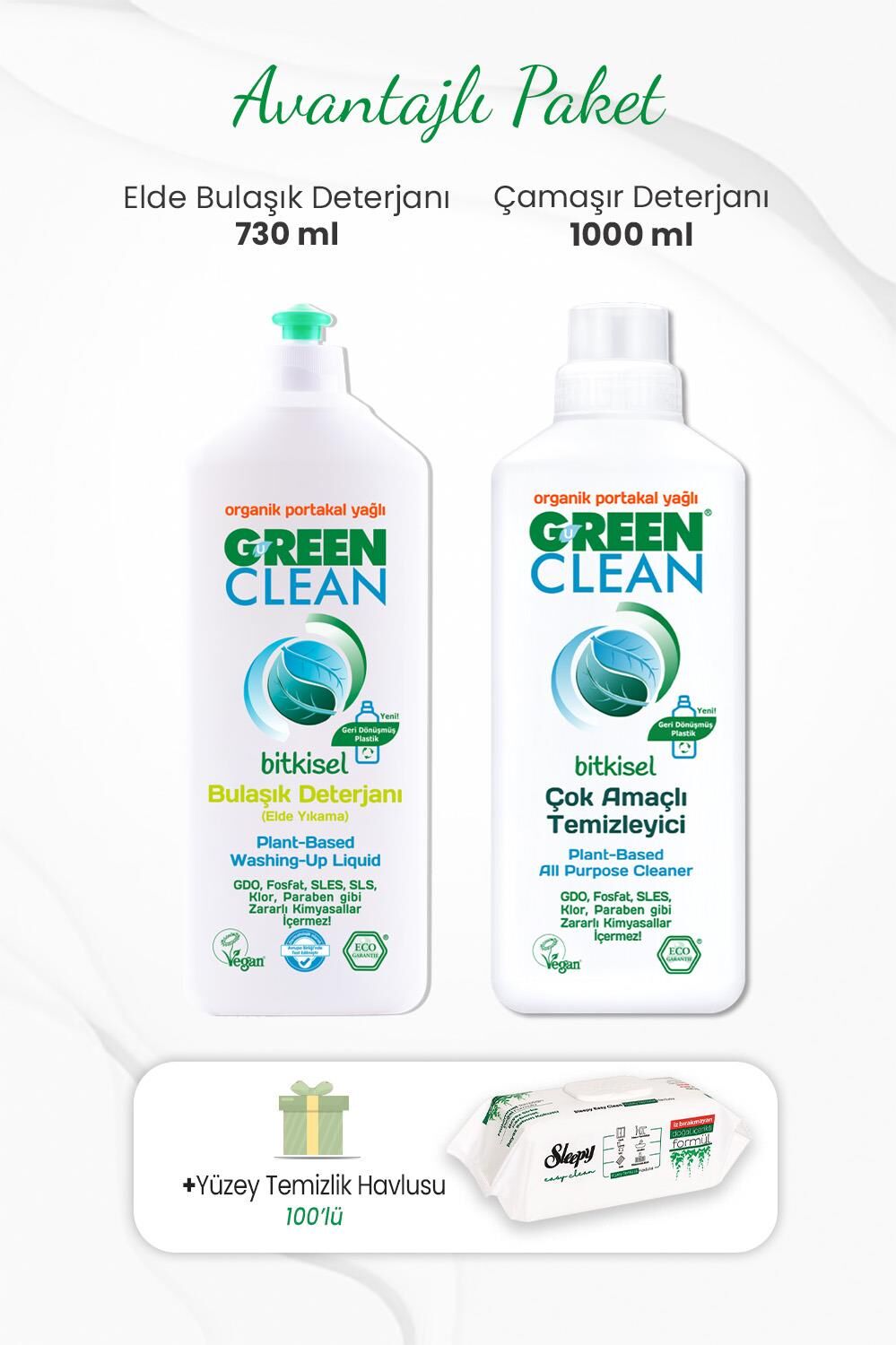 Green Clean Çamaşır Deterjanı 1000 ml,  Elde Bulaşık Deterjanı 730 ml ve Temizlik Havlusu 100'lü
