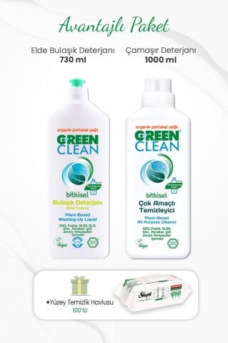Green Clean Çamaşır Deterjanı 1000 ml,  Elde Bulaşık Deterjanı 730 ml ve Temizlik Havlusu 100'lü