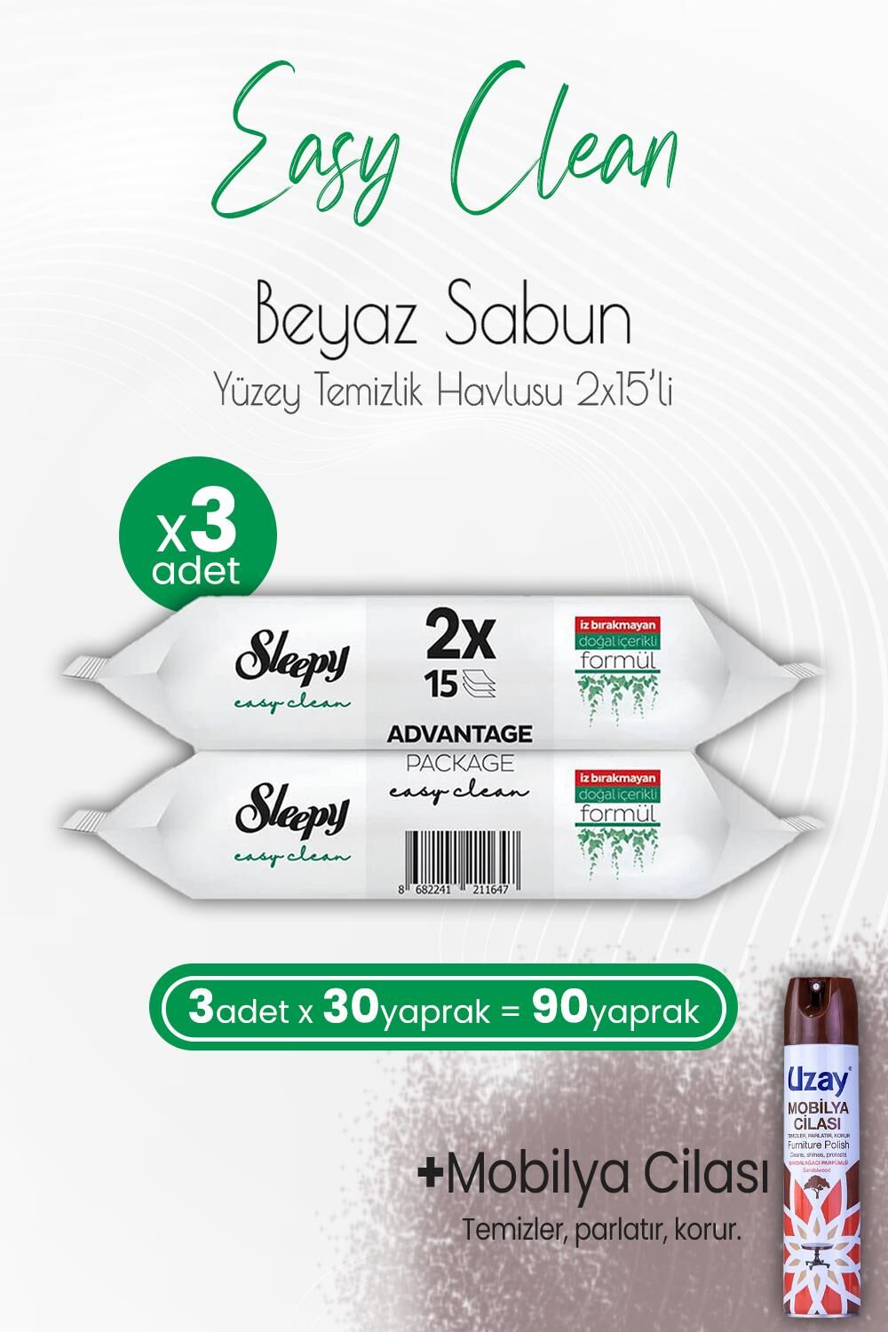 Sleepy Easy Clean Yüzey Temizlik Havlusu 2x15 Yaprak (30 Yaprak) x 3 Adet ve Mobilya Cilası Sandalağacı