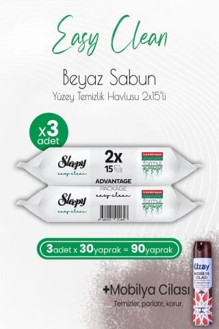 Sleepy Easy Clean Yüzey Temizlik Havlusu 2x15 Yaprak (30 Yaprak) x 3 Adet ve Mobilya Cilası Sandalağacı