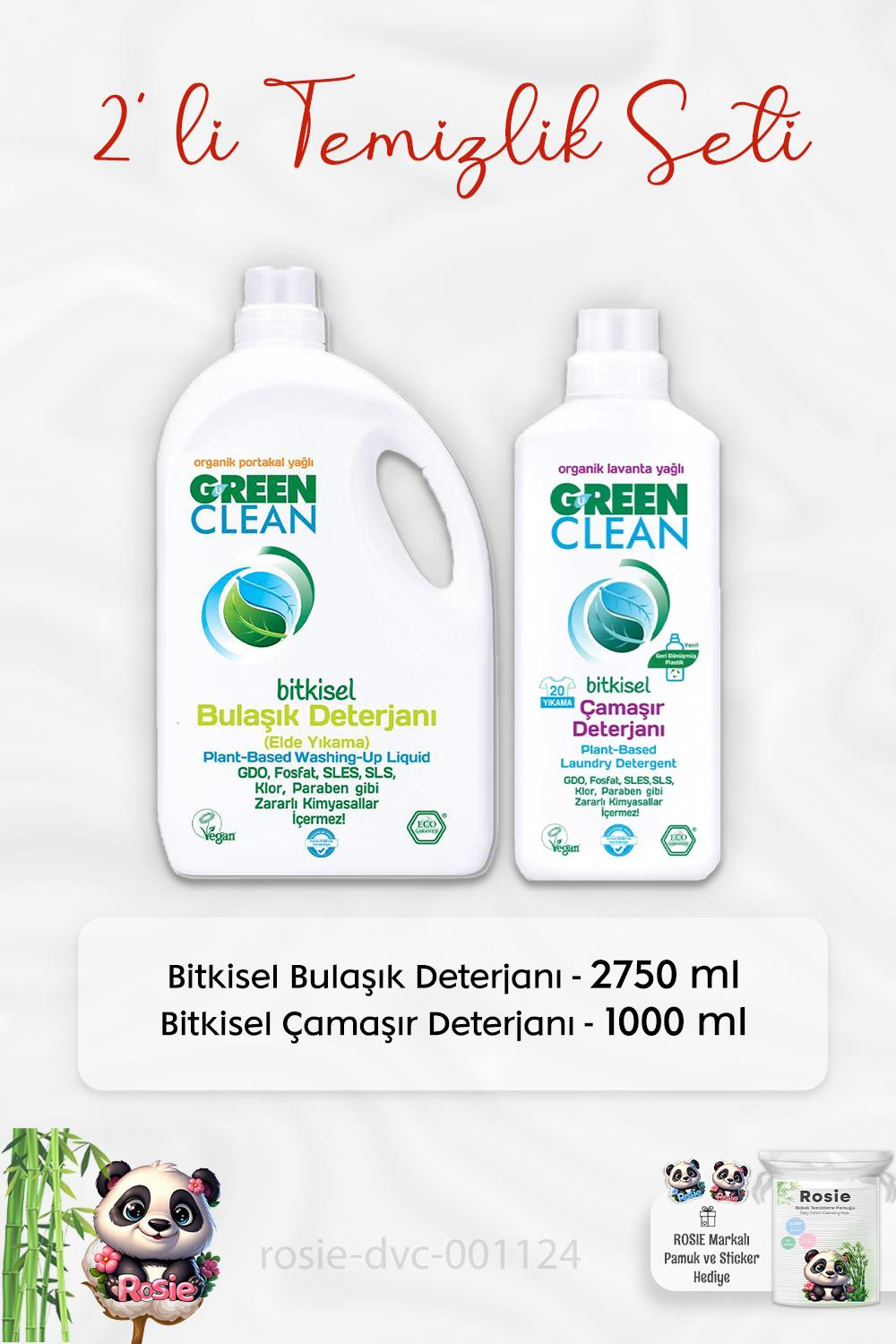 Green Clean Bulaşık Deterjanı 2750 ml, Çamaşır Deterjanı 1 lt ve ROSIE
