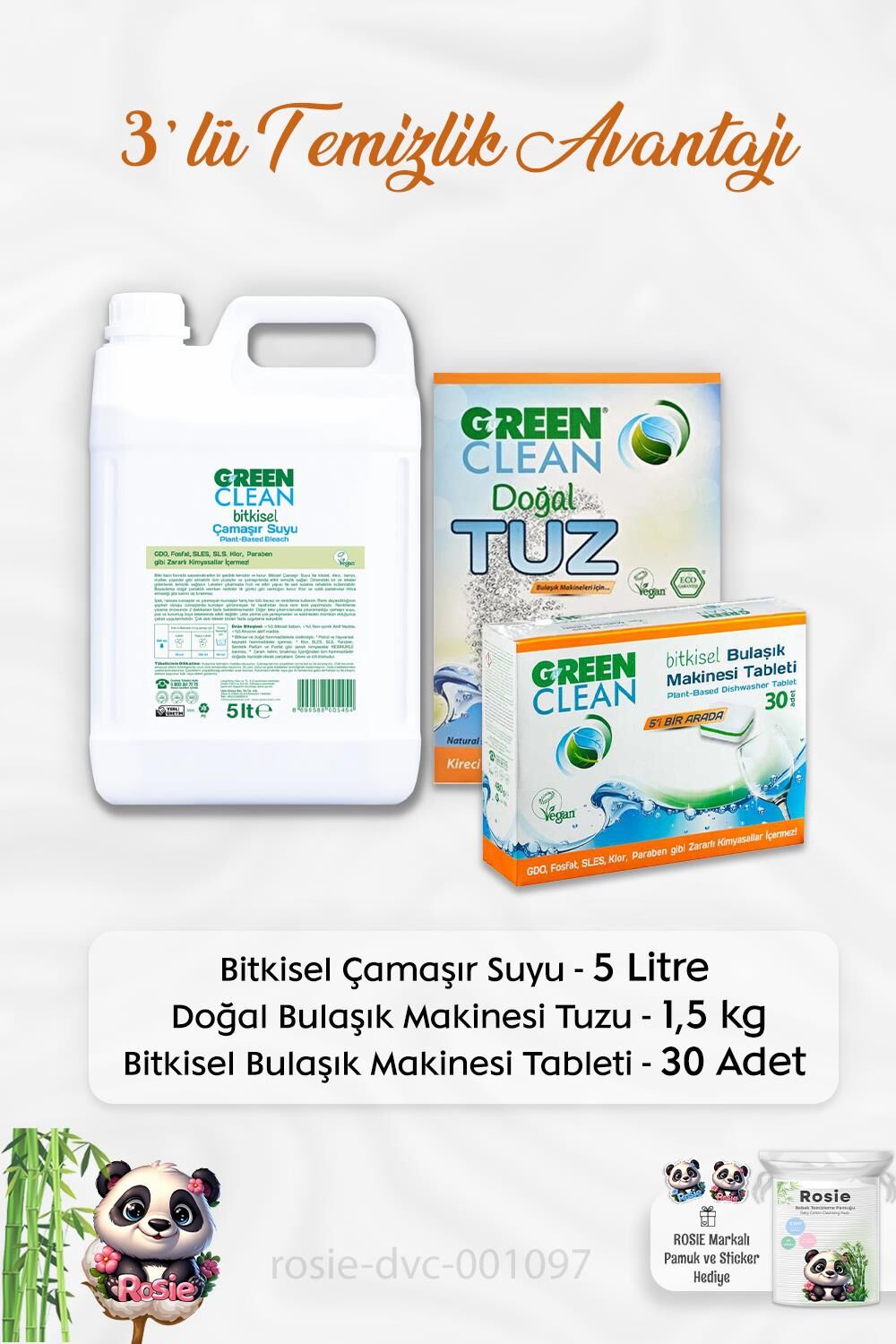 Green Clean Çamaşır Suyu 5 lt, B.Makinesi Tableti 30'lu, Makine Tuzu 1.5 kg ve ROSIE
