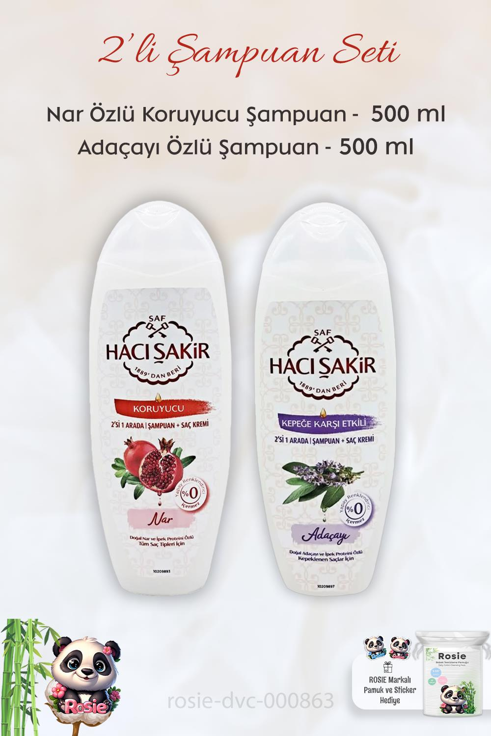 Hacı Şakir Nar 2si 1 Arada Şampuan 500 ml, Adaçayı Şampuan 500 ml ve ROSIE