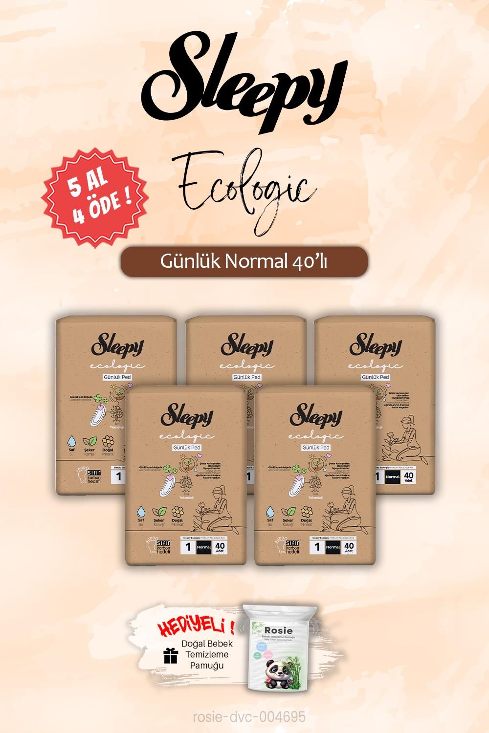 Sleepy 5 AL 4 ÖDE Ecologic Normal 40'lı Günlük Ped, ROSIE Hediye