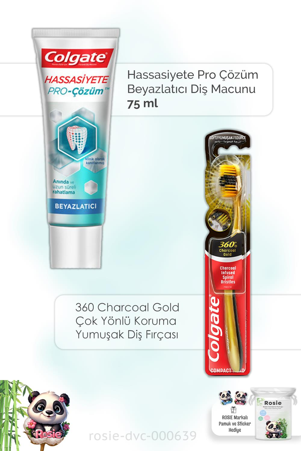 Colgate Hassasiyete Pro Çözüm Beyazlatıcı Diş Macunu 75 ml, 360 Chroal Gold Diş Fırçası ve ROSIE