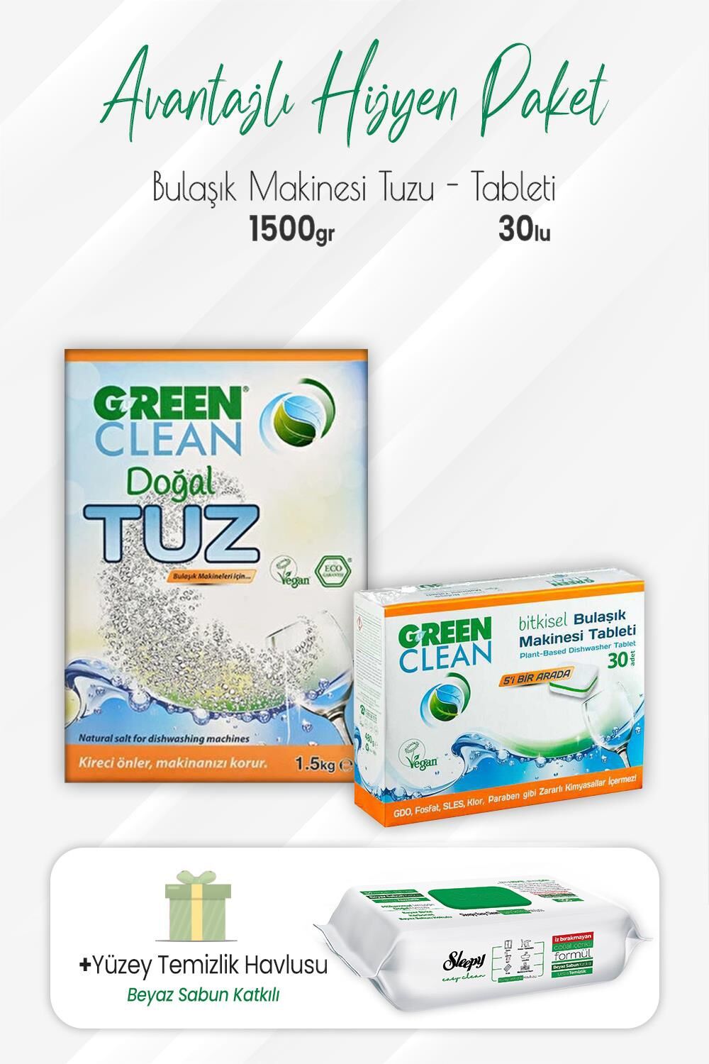 Green Clean Bulaşık Makinesi Tableti 30'lu, Tuz 1.5 kg ve Easy Yüzey Temizlik 100' lü