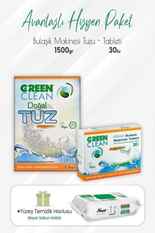 Green Clean Bulaşık Makinesi Tableti 30'lu, Tuz 1.5 kg ve Easy Yüzey Temizlik 100' lü