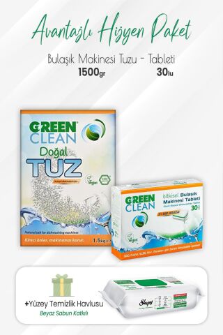 Green Clean Bulaşık Makinesi Tableti 30'lu, Tuz 1.5 kg ve Easy Yüzey Temizlik 100' lü