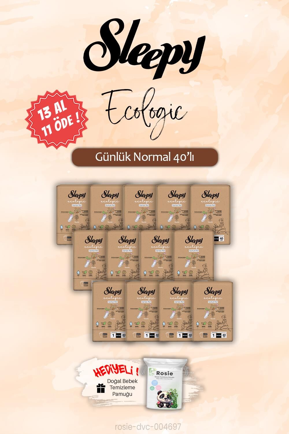 Normal 40'lı Ecologic Günlük Ped 13 Al 11 ÖDE, ROSIE Hediye