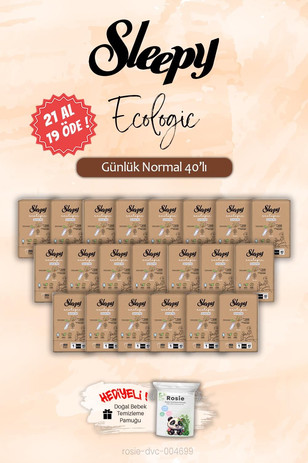21 AL 19 ÖDE Sleepy 40'lı Ecologic Normal Günlük Ped, ROSIE Hediye