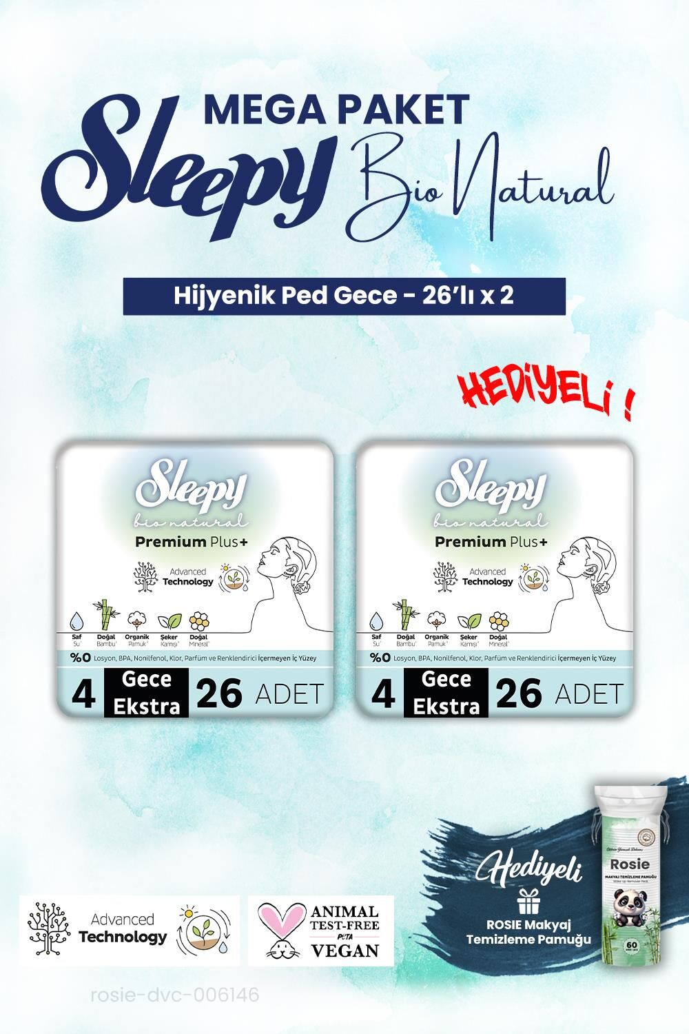 Sleepy 2 adet Mega Paket Gece 26'lı Bio Natural Hijyenik Ped ve ROSIE makyaj pamuk