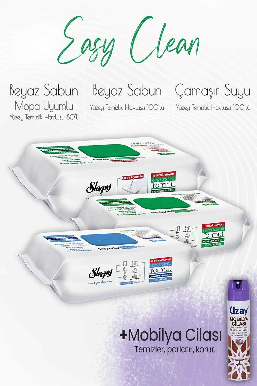 Sleepy Easy Clean Yüzey Temizlik Havlusu Seti 3 ve Mobilya Cilası Lavanta