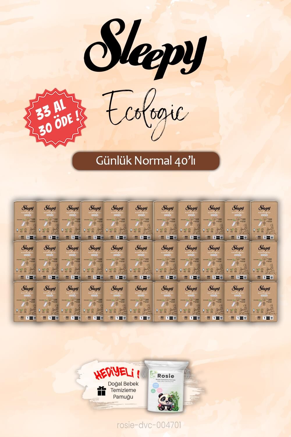 Sleepy 33 AL 30 ÖDE Ecologic Normal 40'lı Günlük Ped, ROSIE Hediye