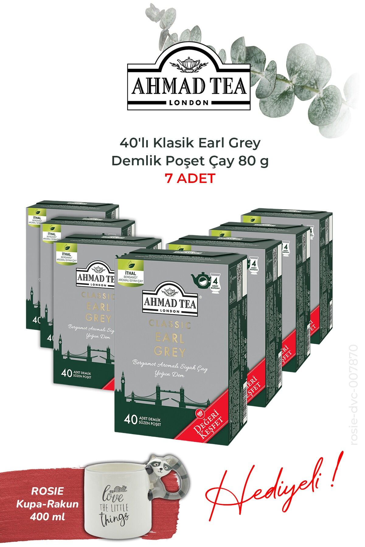 Klasik Earl Grey 40'lı x 7 adet Demlik Poşet Çay 80 g ve Rakun Kupa HEDİYE