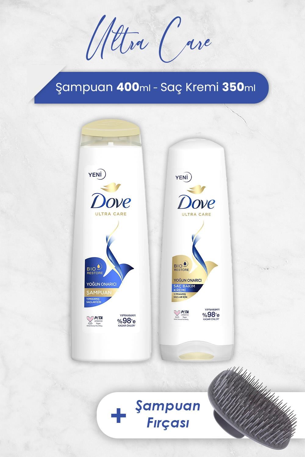 Dove Ultra Care Yoğun Onarıcı Şampuan, Saç Kremi ve Şampuan Fırçası