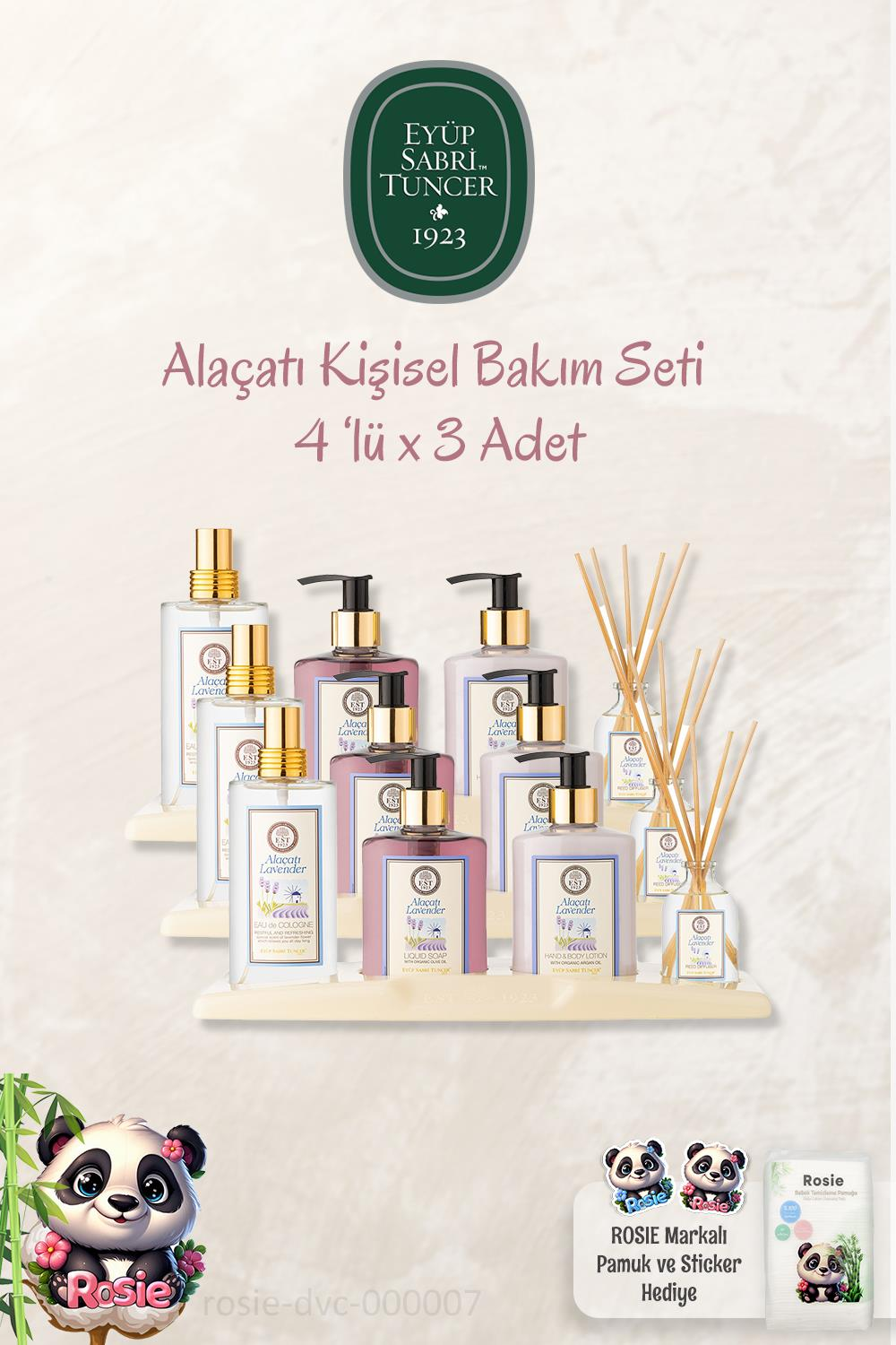 3 Adet Eyüp Sabri Tuncer Alaçatı 4'lü Kişisel Bakım Seti ve %100 Doğal ROSIE Pamuk