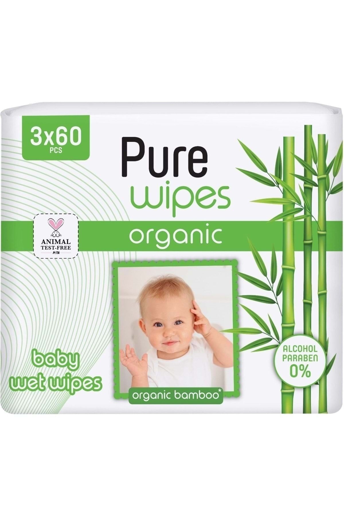 Pure Baby Wipes Islak Havlu Mendil 60 Yaprak Organic Bambu (3 Lü Pk) 180 Yaprak