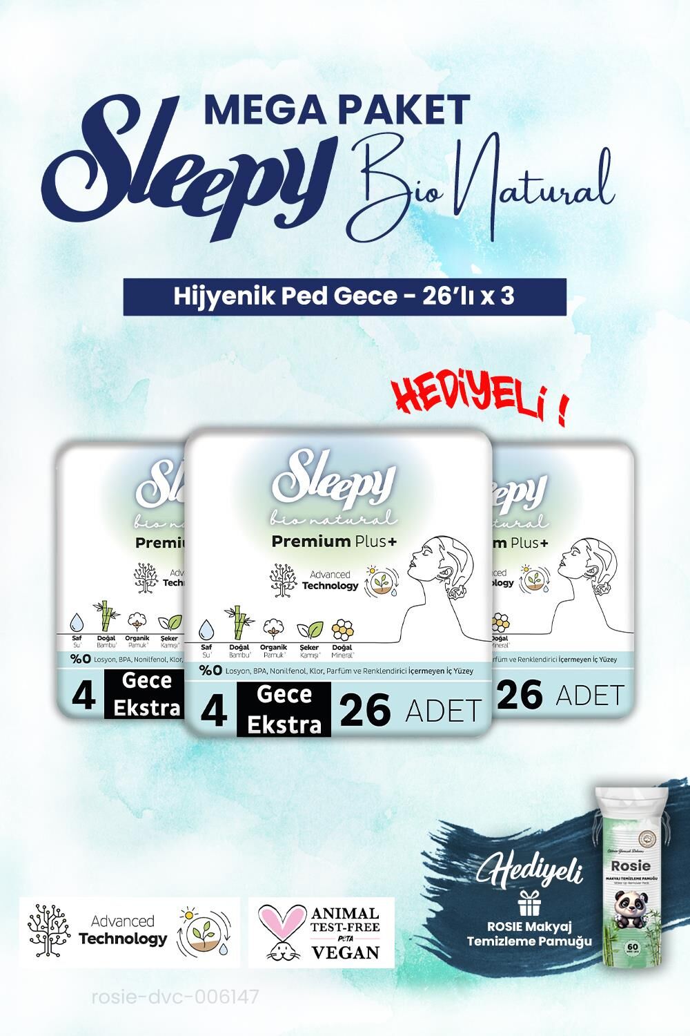 Sleepy 3'lü Bio Natural Gece 26'lı Hijyenik Ped Mega Paket ve ROSIE makyaj pamuk