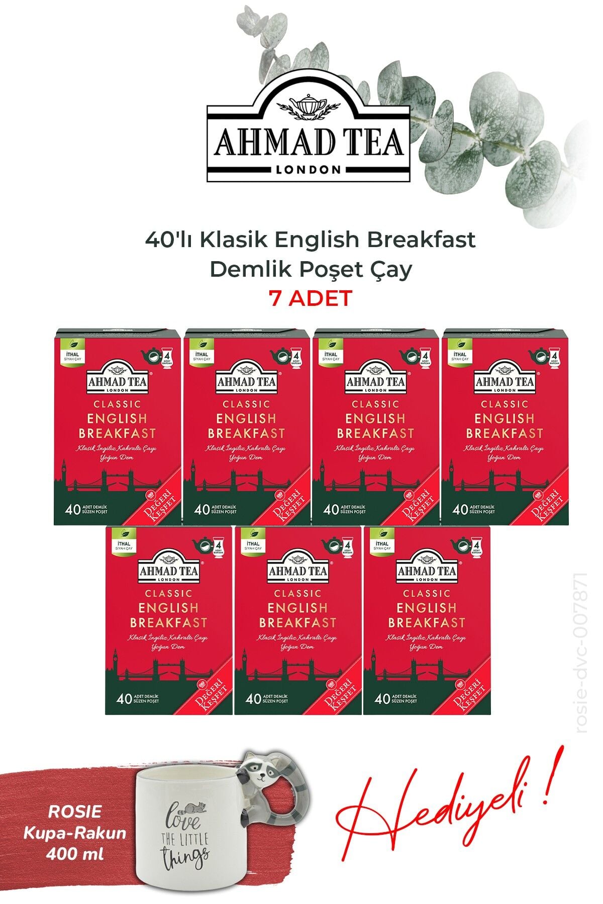 7 adet 40'lı Klasik English Breakfast Demlik Poşet Çay 80 g ve Rakun Kupa HEDİYE