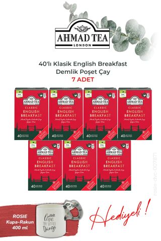 7 adet 40'lı Klasik English Breakfast Demlik Poşet Çay 80 g ve Rakun Kupa HEDİYE