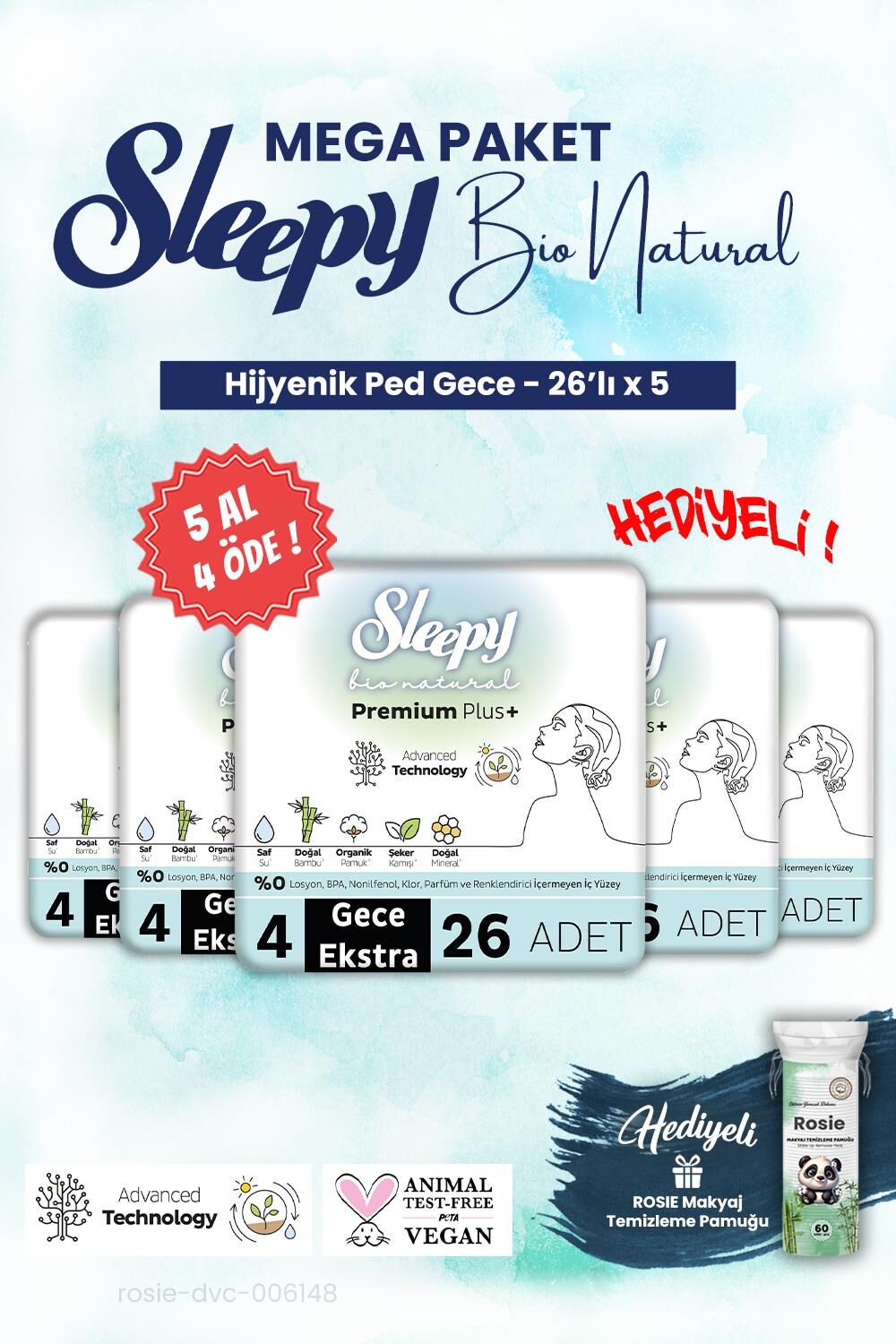 Sleepy Hijyenik ped 26'lı Gece Mega Paket Bio 5 AL 4 ÖDE ve ROSIE makyaj pamuğu