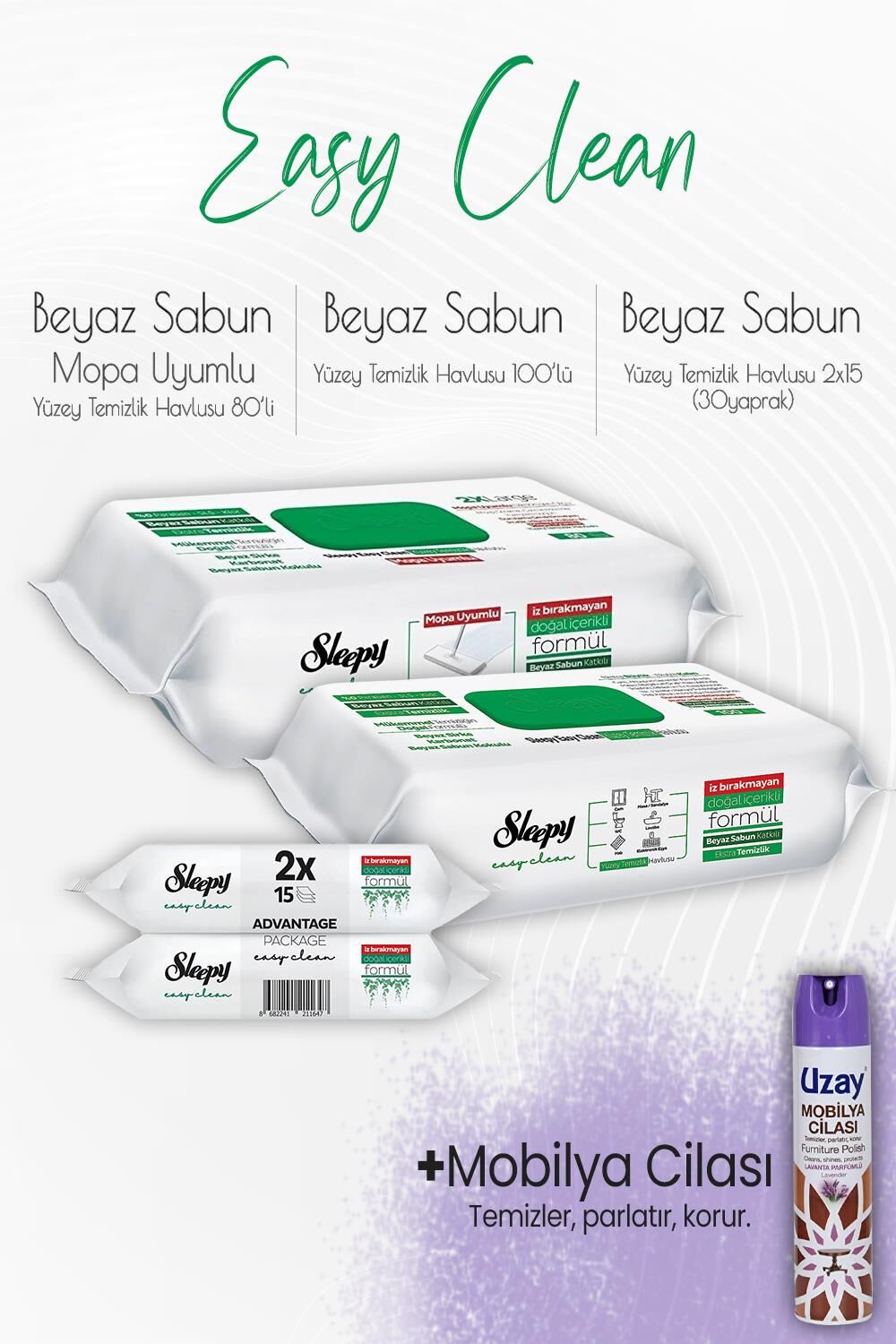 Sleepy Easy Clean Yüzey Temizlik Havlusu Seti 5 ve Mobilya Cilası Lavanta