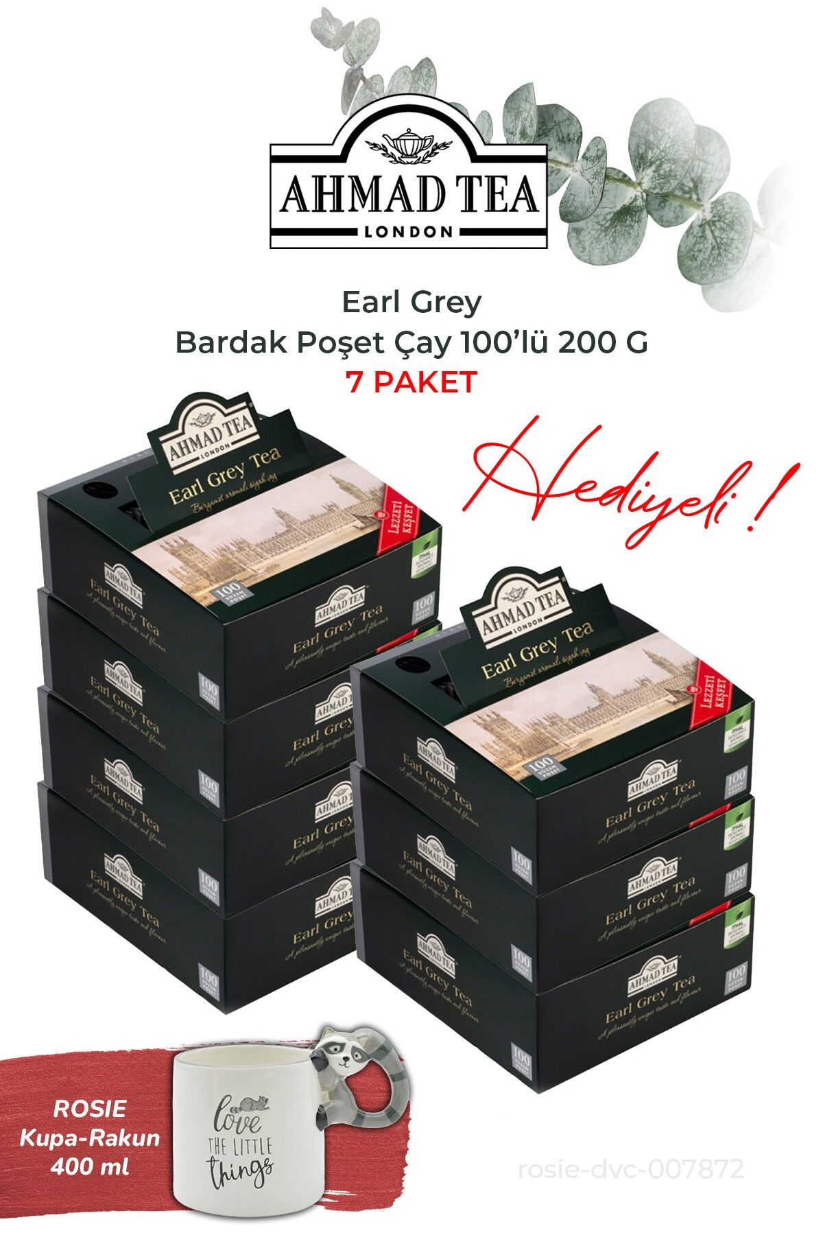 Earl Grey Bardak Poşet Çay 100’lü 200 G, 7 paket ve Rakun Kupa HEDİYE