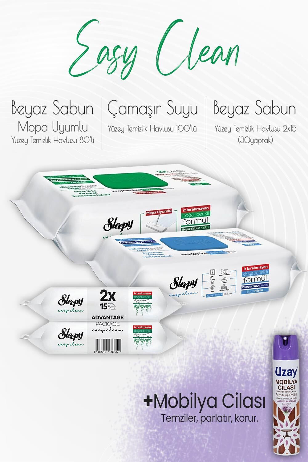 Sleepy Easy Clean Yüzey Temizlik Havlusu Seti 6 ve Mobilya Cilası Lavanta