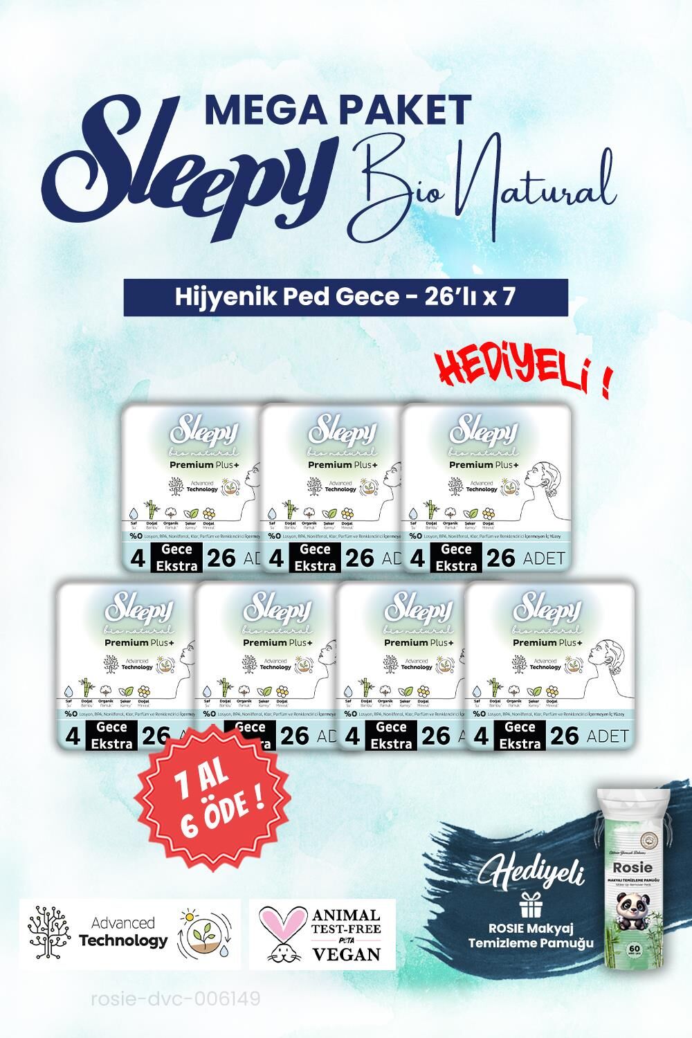 Sleepy Mega Paket 7 AL 6 ÖDE 26'lı Gece Bio Hijyenik ped ve ROSIE makyaj pamuğu