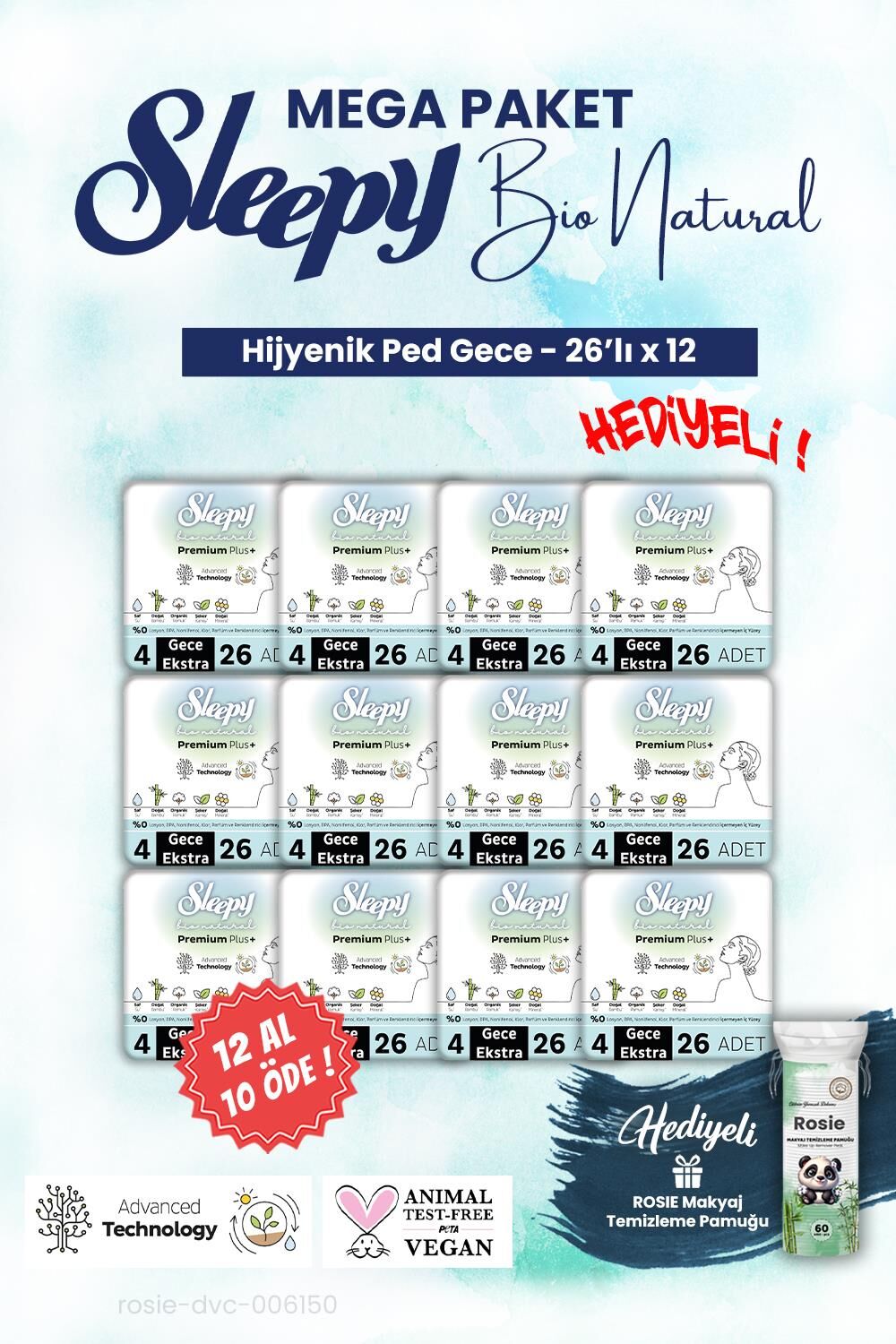 Sleepy 12 AL 10 ÖDE, 26'lı Gece Bio Hijyenik ped Mega Paket ve ROSIE makyaj pamuğu