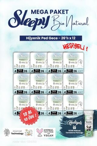Sleepy 12 AL 10 ÖDE, 26'lı Gece Bio Hijyenik ped Mega Paket ve ROSIE makyaj pamuğu