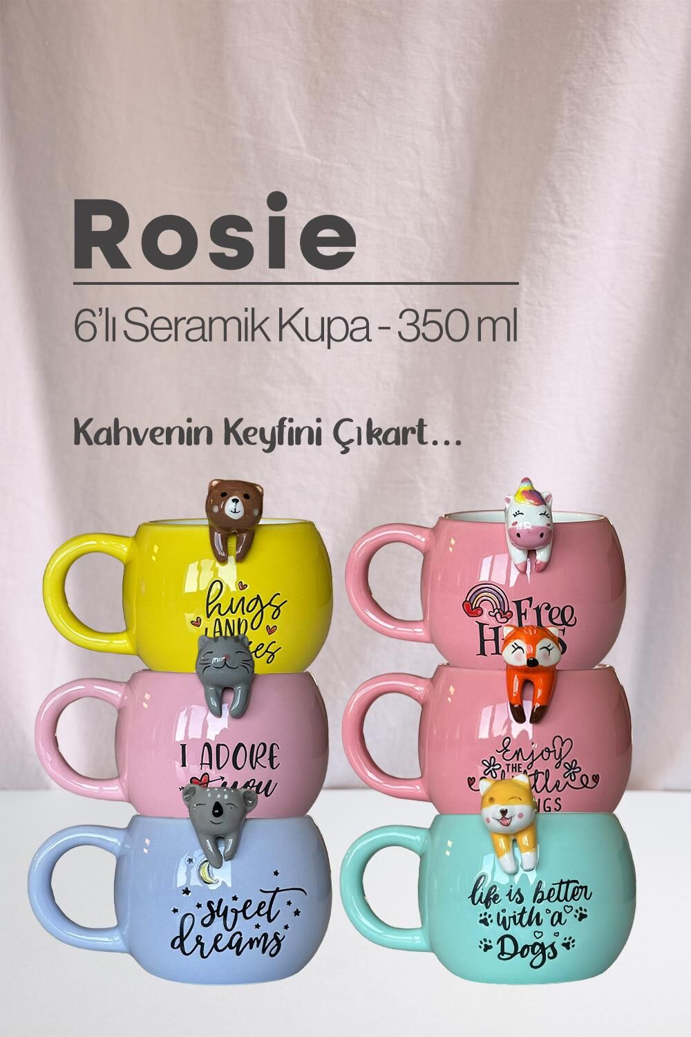 Seramik Kupa 6'lı Hayvan Figürlü 350 ml