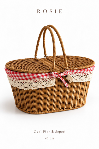 ROSIE Pötikare Desen Kumaş 2 Kapaklı Oval Piknik Sepeti 40 cm