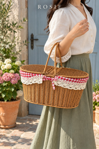 ROSIE Pötikare Desen Kumaş 2 Kapaklı Oval Piknik Sepeti 40 cm