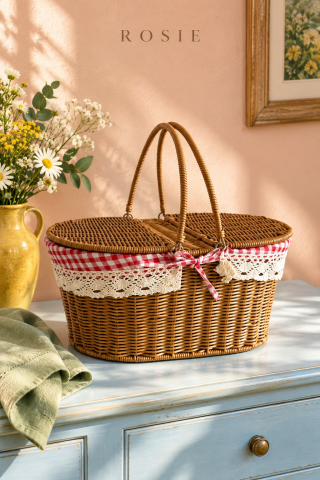 ROSIE Pötikare Desen Kumaş 2 Kapaklı Oval Piknik Sepeti 40 cm