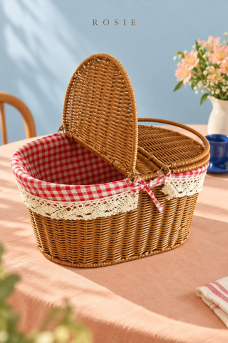 ROSIE Pötikare Desen Kumaş 2 Kapaklı Oval Piknik Sepeti 40 cm