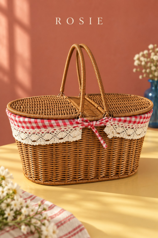 ROSIE Pötikare Desen Kumaş 2 Kapaklı Oval Piknik Sepeti 40 cm